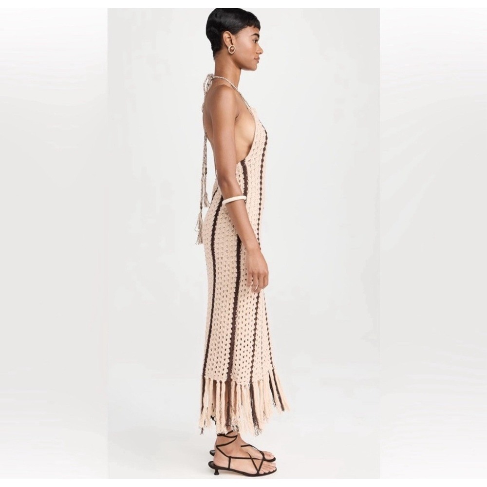 Moon River‎ Brown Tan Striped Fringe Halter Sleeveless Midi Dress Boho Size S - Picture 3 of 4